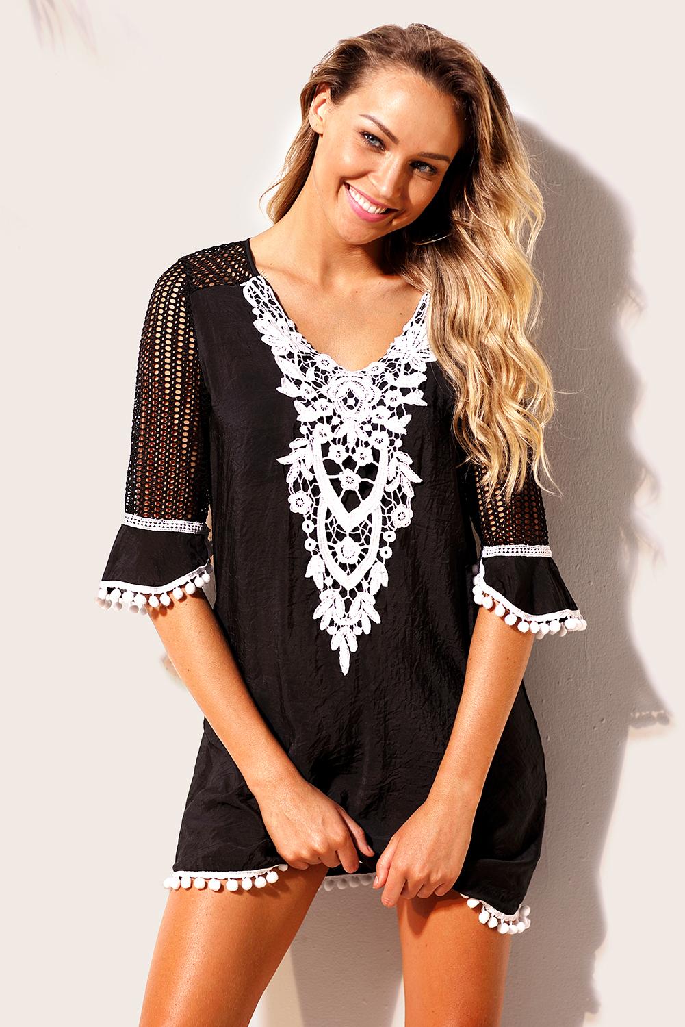 Black Crochet Pom Pom Trim Beach Tunic Cover up - LA Grand