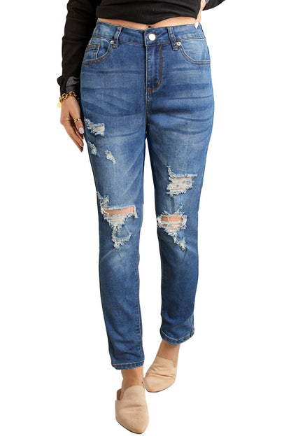 Blue Hollow Out Vintage Skinny Ripped Jeans - LA Grand