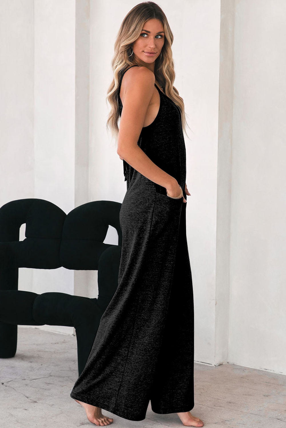 Gray Patch Pockets Spaghetti Strap Wide Leg Jumpsuit - LA Grand