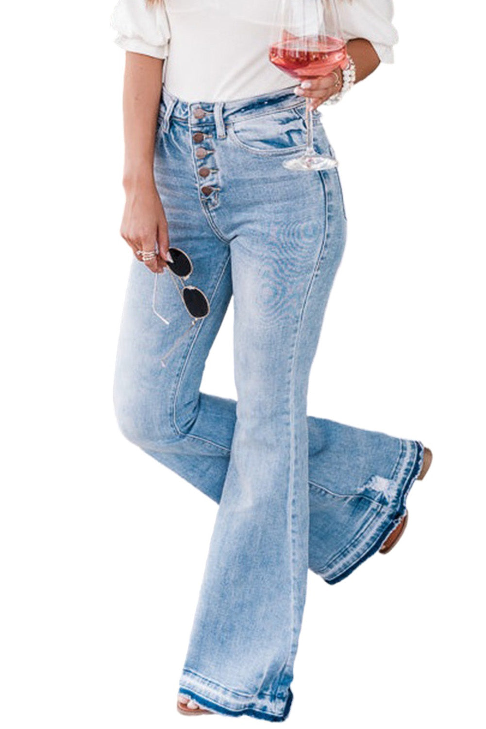 Sky Blue High Waist Buttoned Distressed Flared Jeans - LA Grand