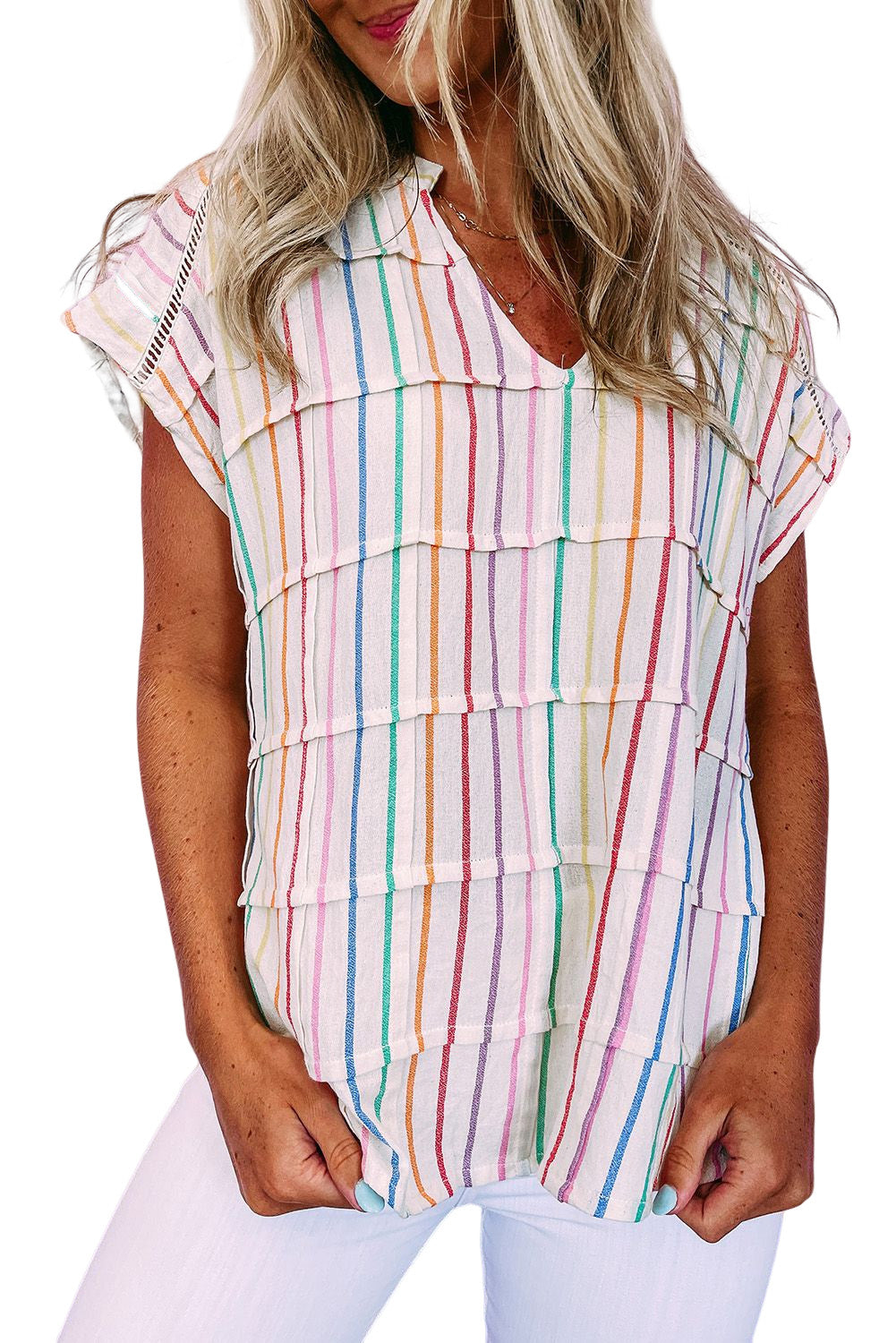 Multicolor Striped Pintuck Tiered Cap Sleeve Blouse - LA Grand