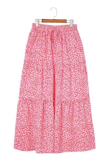 Pink Leopard Print Frilled Drawstring High Waist Maxi Skirt - LA Grand