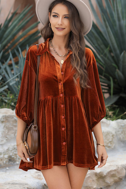 Chestnut 3/4 Sleeve Tunic Babydoll Velvet Shirt - LA Grand