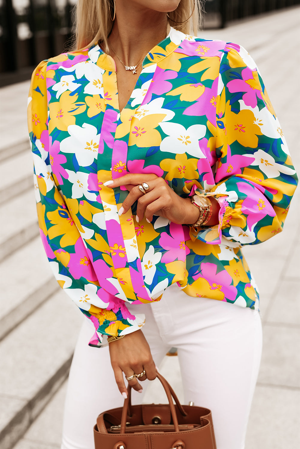 Multicolor Magenta Gold Floral V Neck Lantern Sleeve Blouse - LA Grand