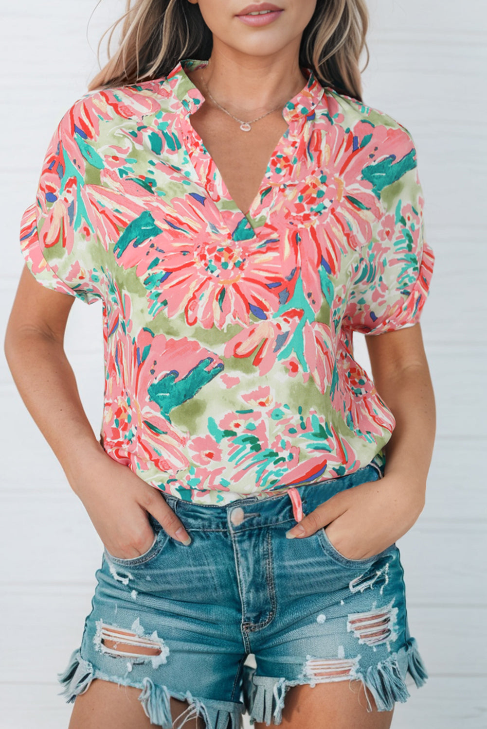 Green Abstract Floral Print Notch V Neck Rolled Short Sleeve Blouse - LA Grand