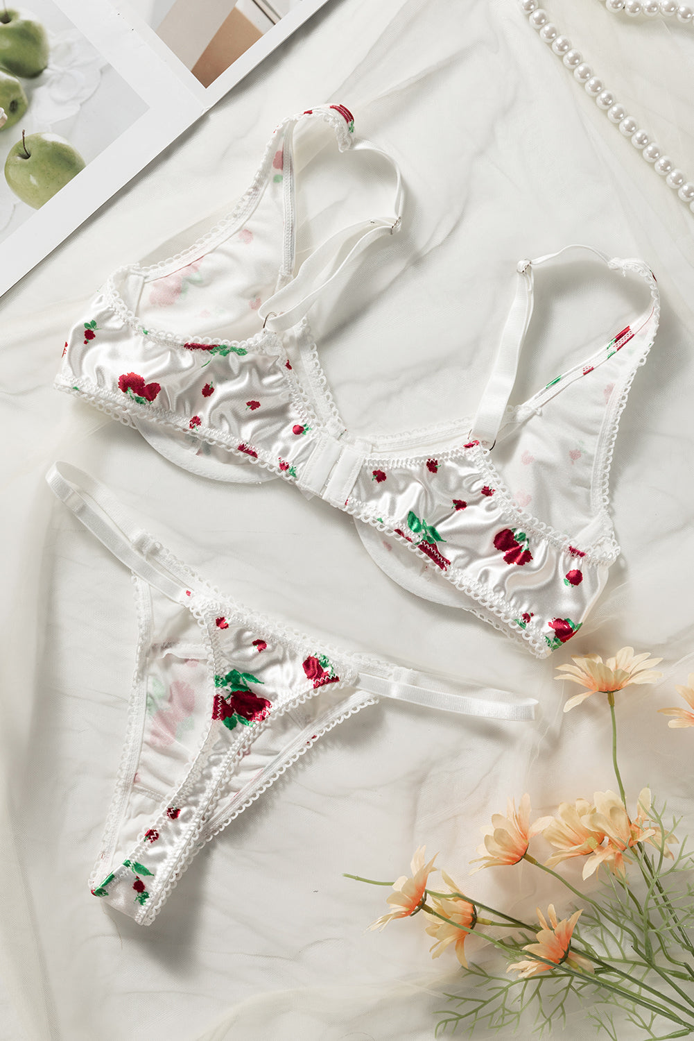 White Romantic Rose Print Mesh Cutout Satin Lingerie Set - LA Grand