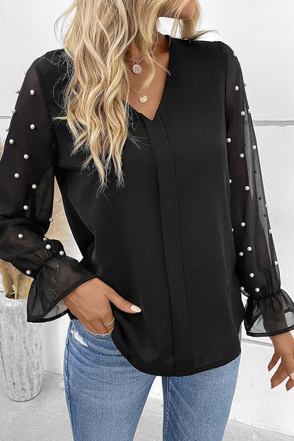 Black Pearl Mesh Flounce Sleeve V Neck Blouse - LA Grand