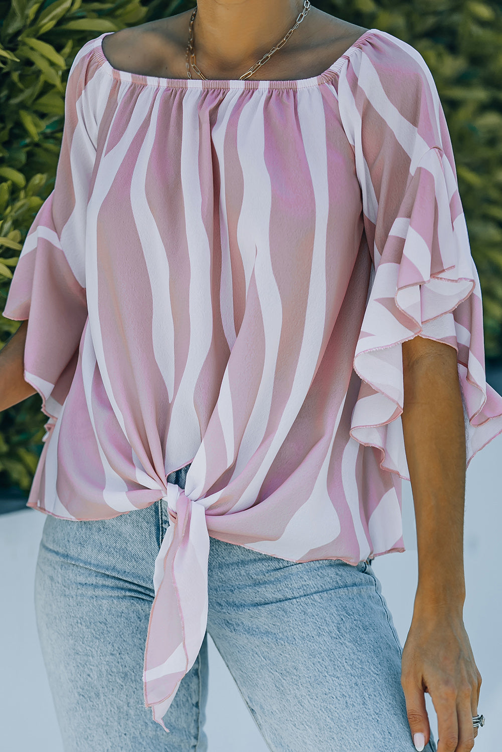 Off The Shoulder Vertical Stripes Blouse in Pink - LA Grand