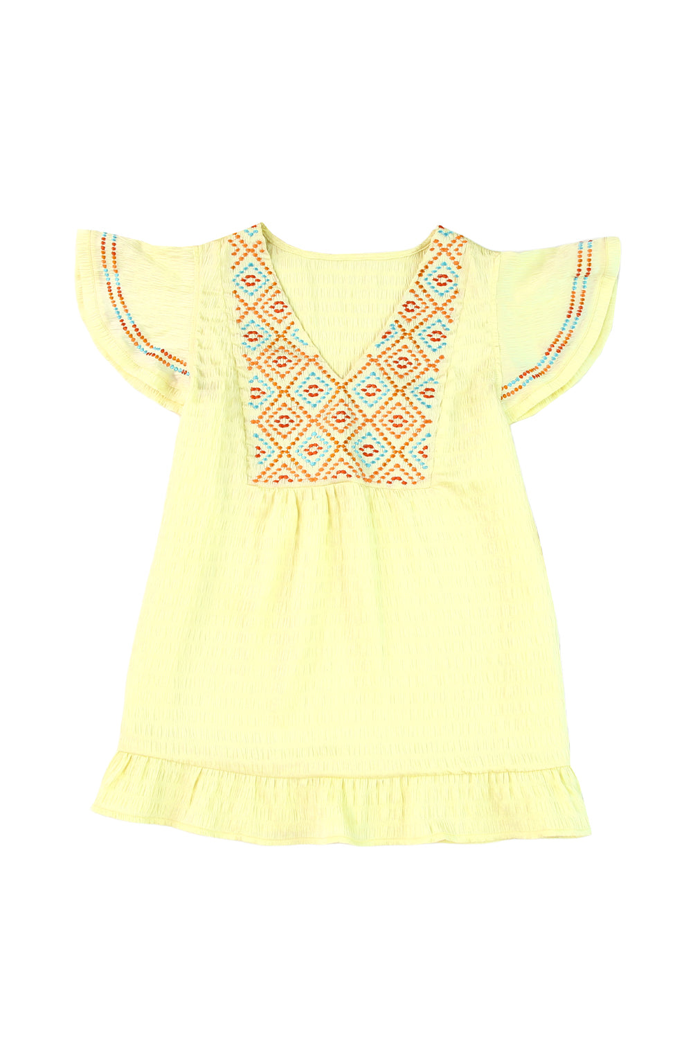 Yellow Geometric Embroidery Textured Top with Ruffles - LA Grand