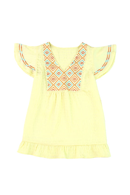 Yellow Geometric Embroidery Textured Top with Ruffles - LA Grand