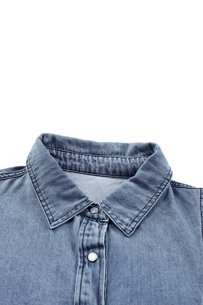 Sky Blue Short Bubble Sleeve Snap Button Denim Shirt - LA Grand