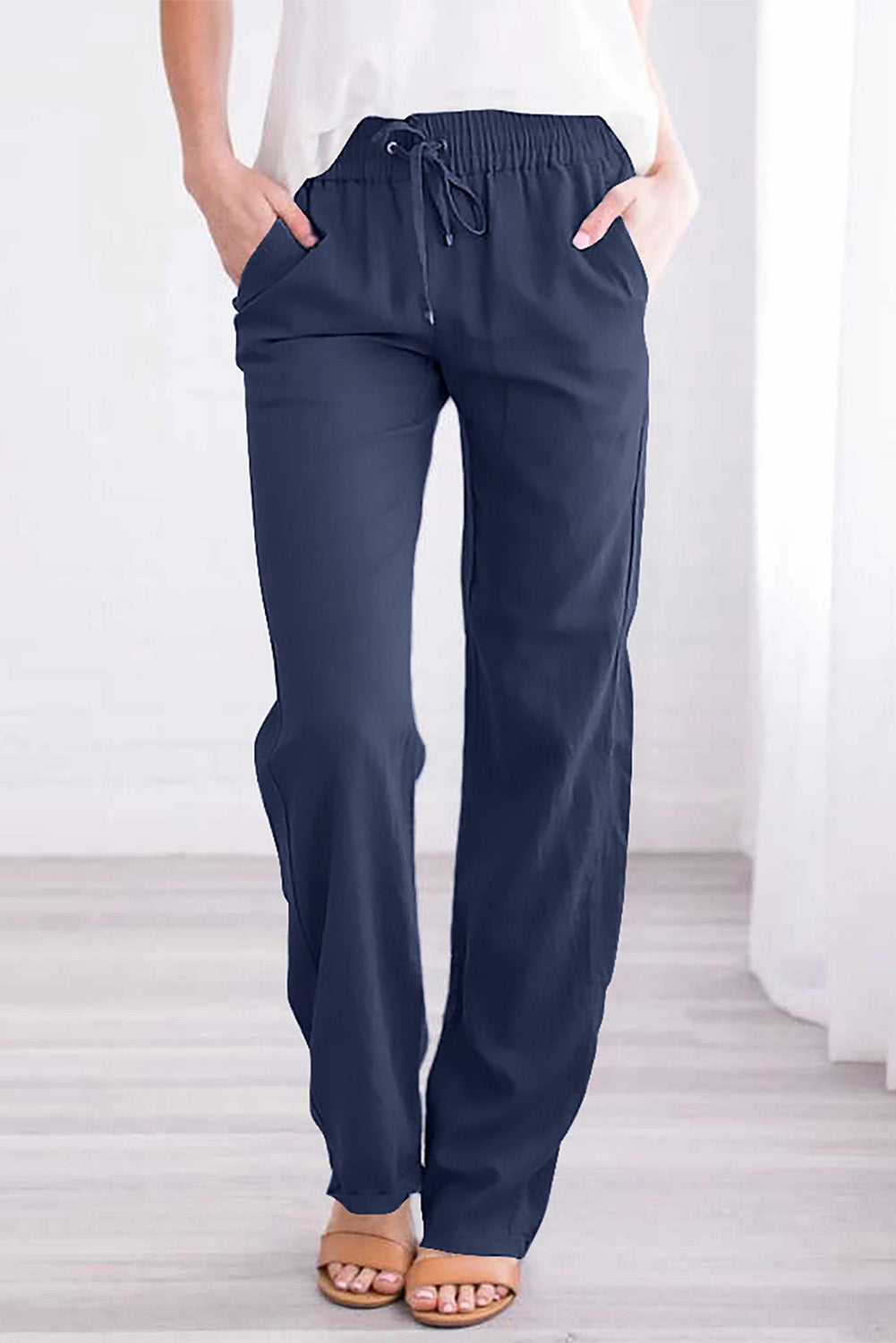 Blue Drawstring Elastic Waist Pockets Long Straight Legs Pants - LA Grand