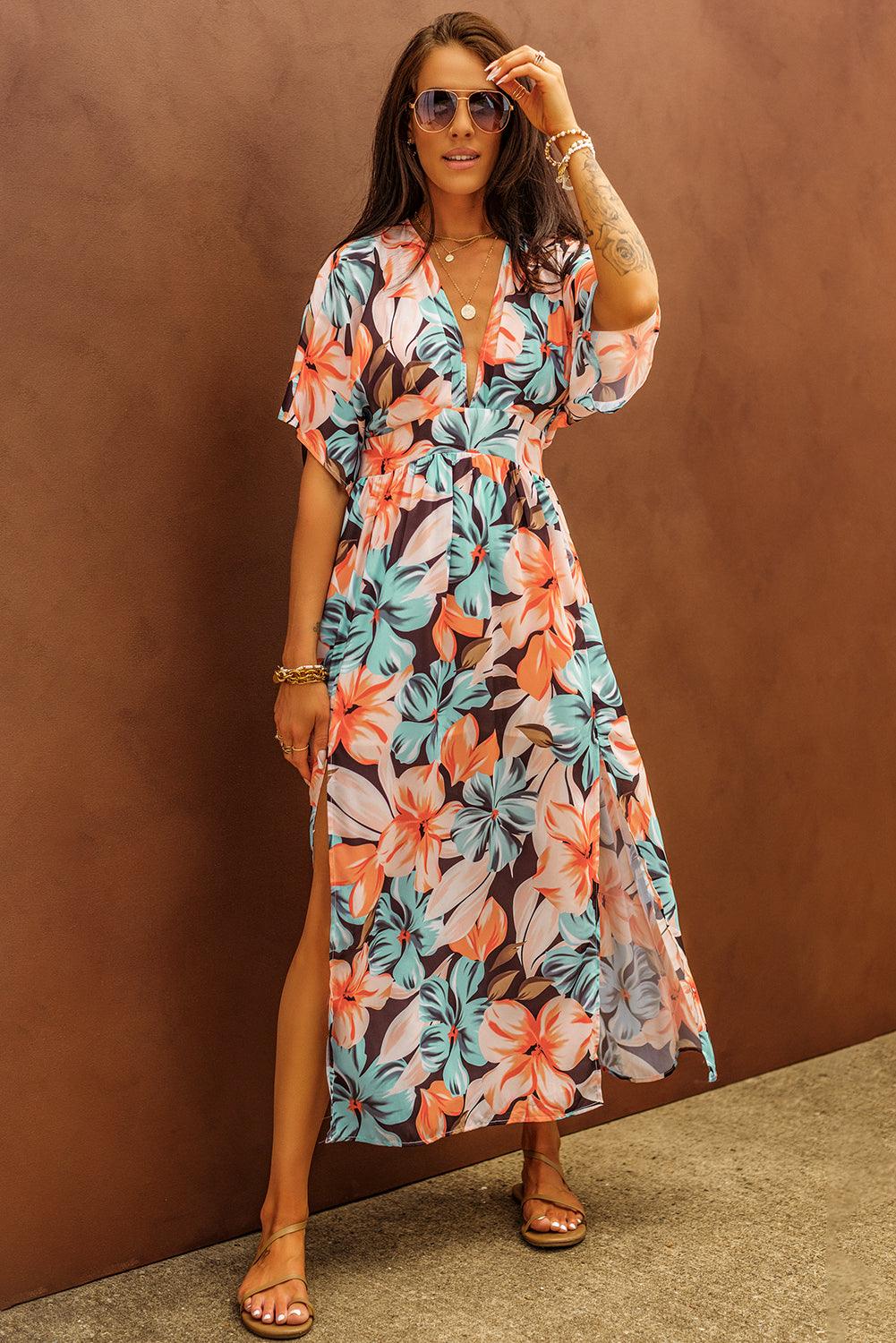 Orange Floral Kimono Long Dress with Slit - LA Grand