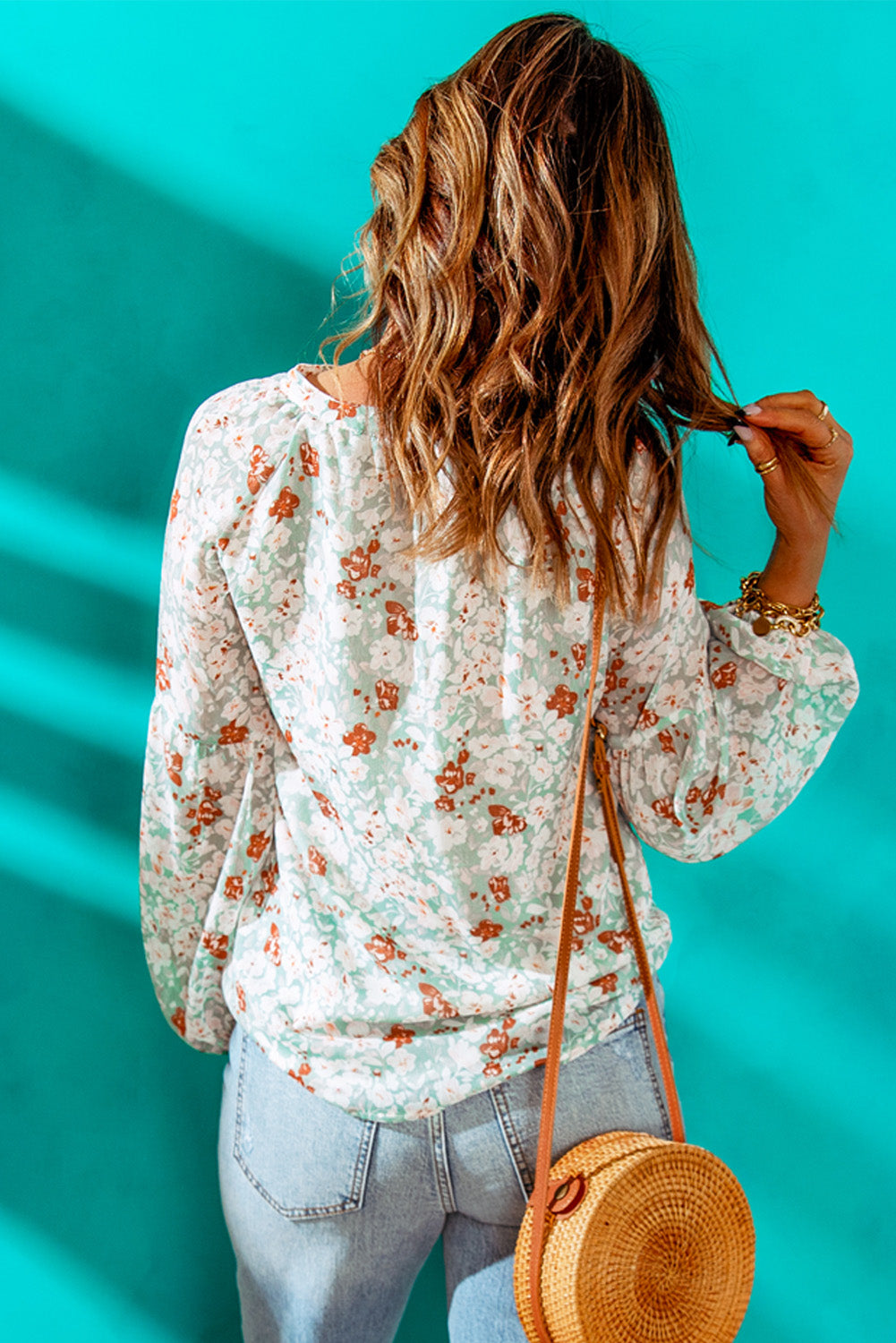 White Floral Print V Neck Long Puff Sleeve Top - LA Grand