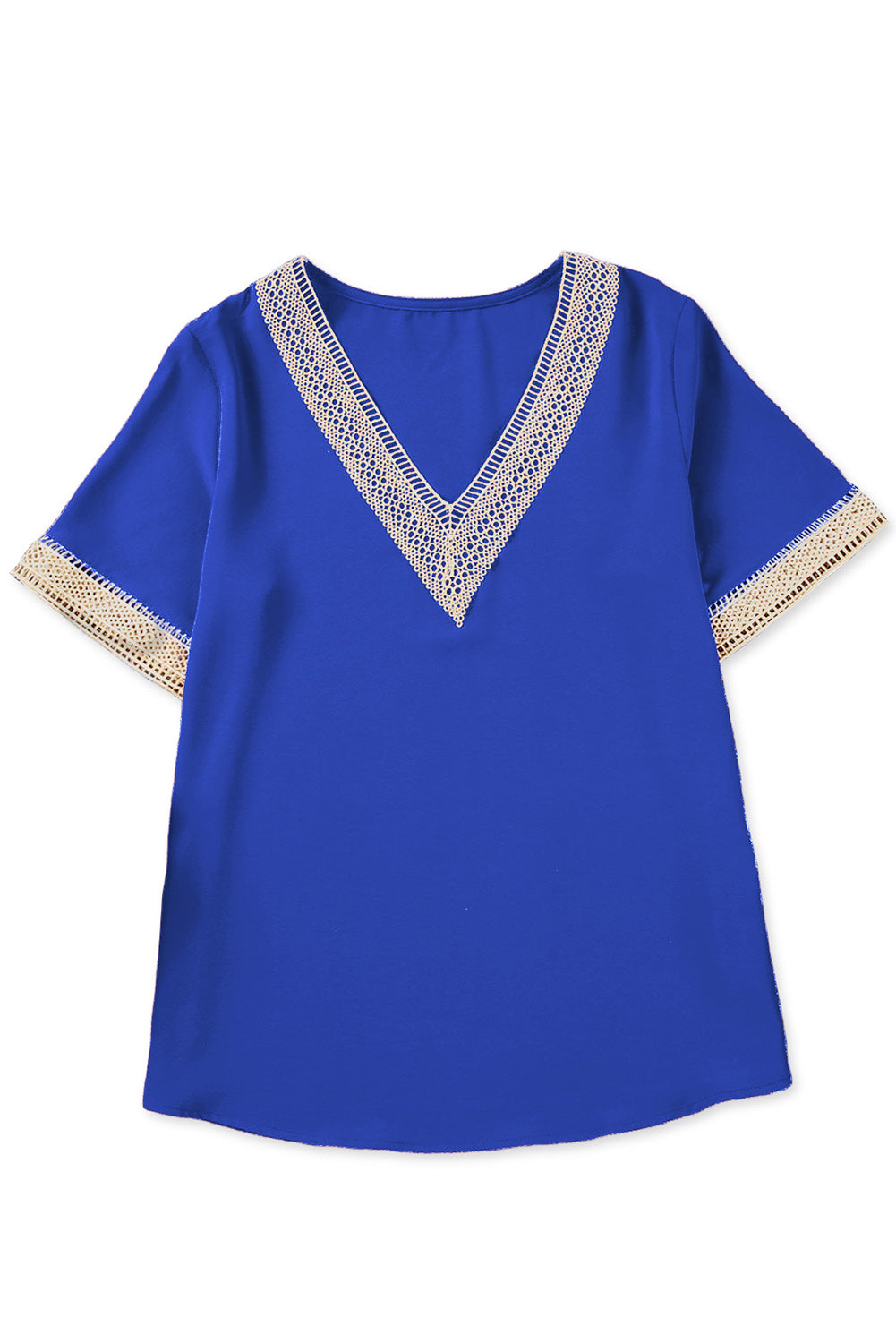 Blue Lace Trim V Neck Short Sleeve Blouse - LA Grand