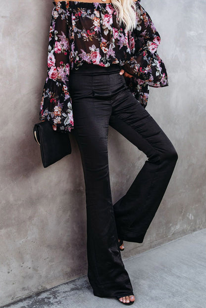 Black Satin Flare Tailored Pants - LA Grand