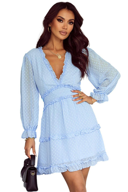 Sky Blue Layered Ruffled Open Back Puff Sleeve Swiss Dot Mini Dress - LA Grand