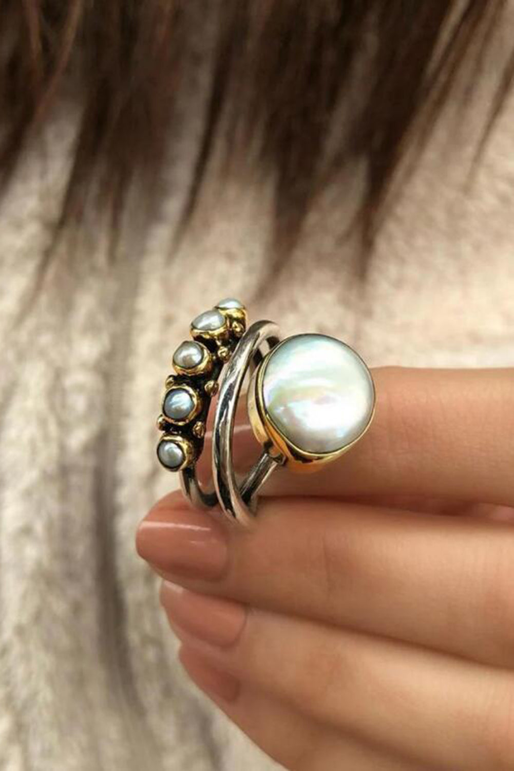 Silver Vintage Pearl Inlay Opening Ring - LA Grand