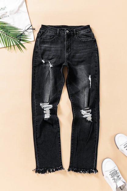 Blue Distressed Raw Hem Button Mid Waist Jeans - LA Grand