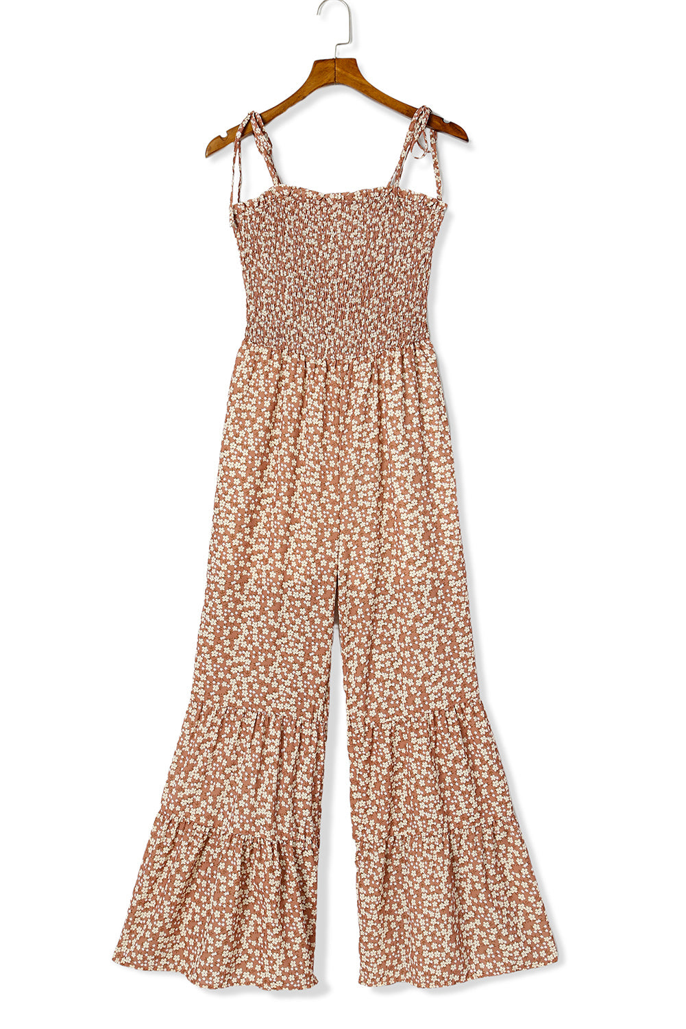 Khaki Thin Straps Smocked Bodice Wide Leg Floral Jumpsuit - LA Grand