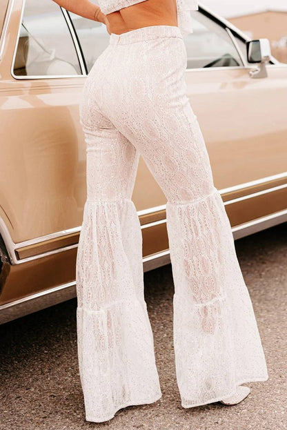 White Sequined Lace Tiered High Waist Flare Pants - LA Grand