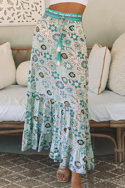 Sky Blue Boho Floral Print Maxi Skirt - LA Grand