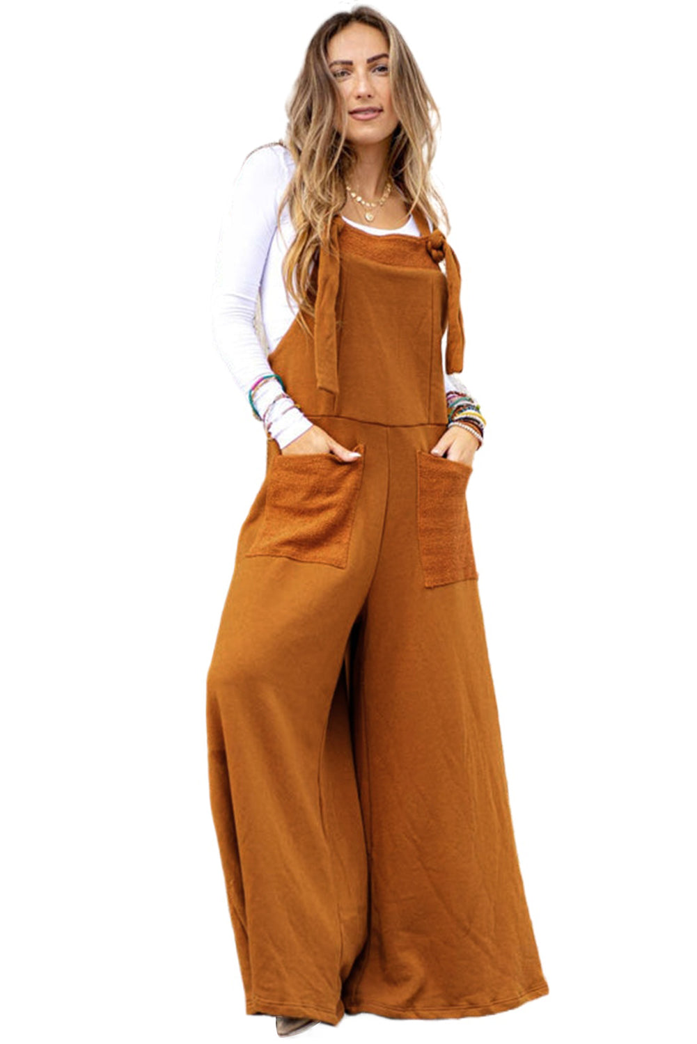 Brown Knotted Straps Patch Pocket Wide Leg Jumpsuit - LA Grand