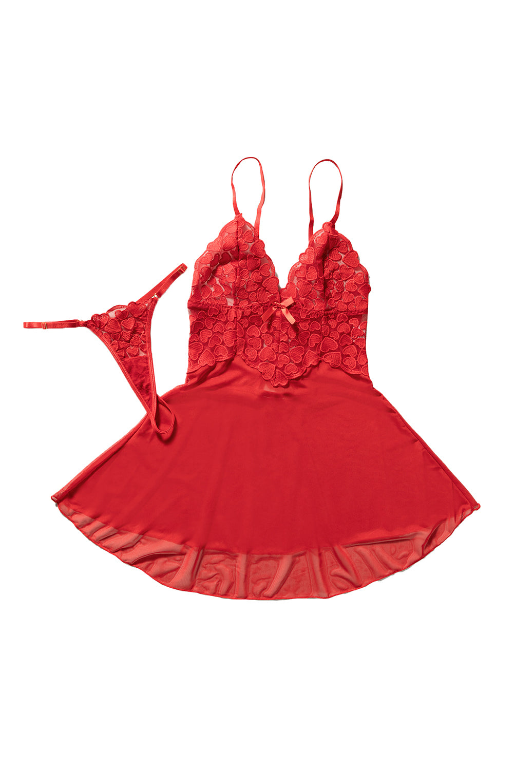 Fiery Red Sweet Heart Embroidered Mesh Splicing Babydoll Set - LA Grand