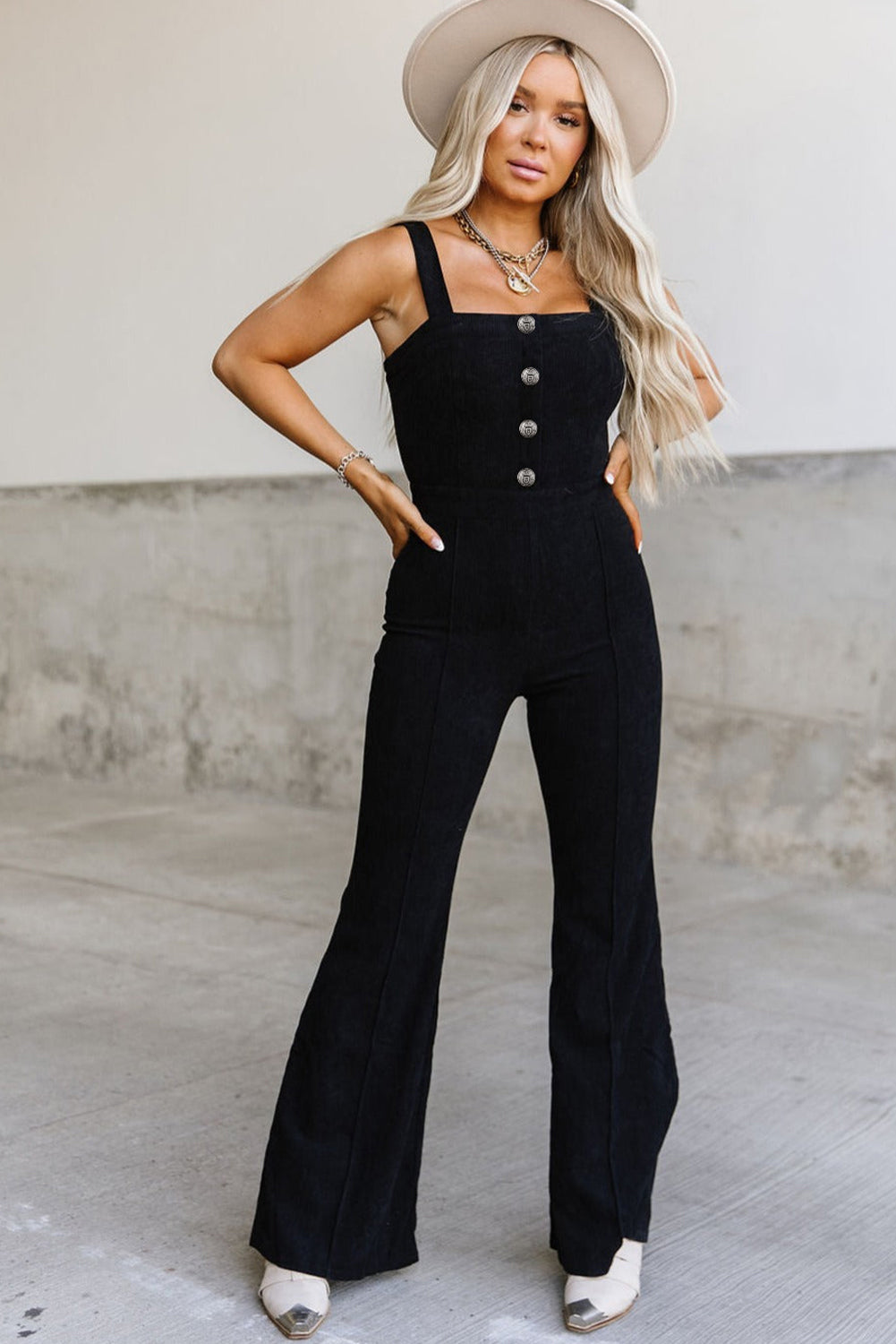 Black Sleeveless Buttoned Bodice Wide Leg Corduroy Jumpsuit - LA Grand