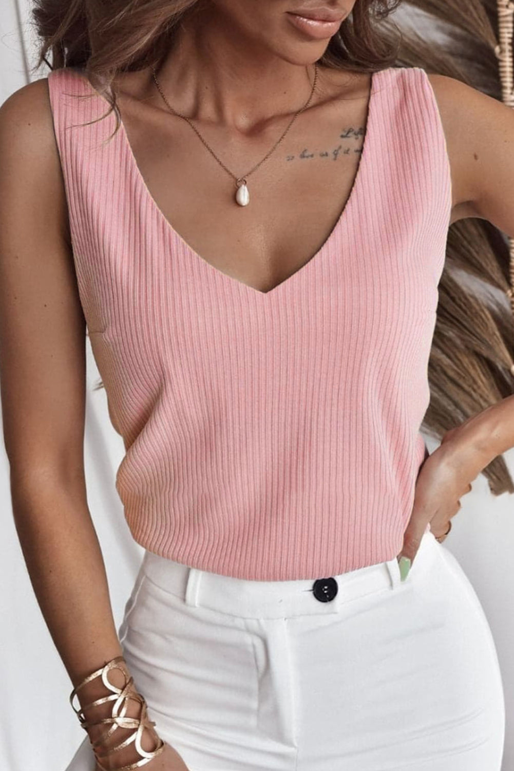 Light Pink V Neck Rib Textured Tank Top - LA Grand