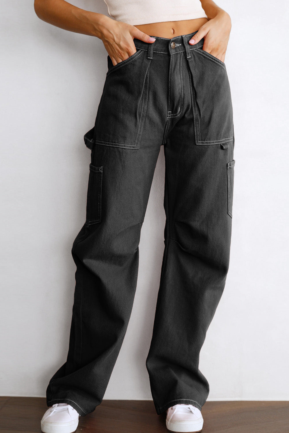 Black High Waist Straight Leg Cargo Pants with Pockets - LA Grand