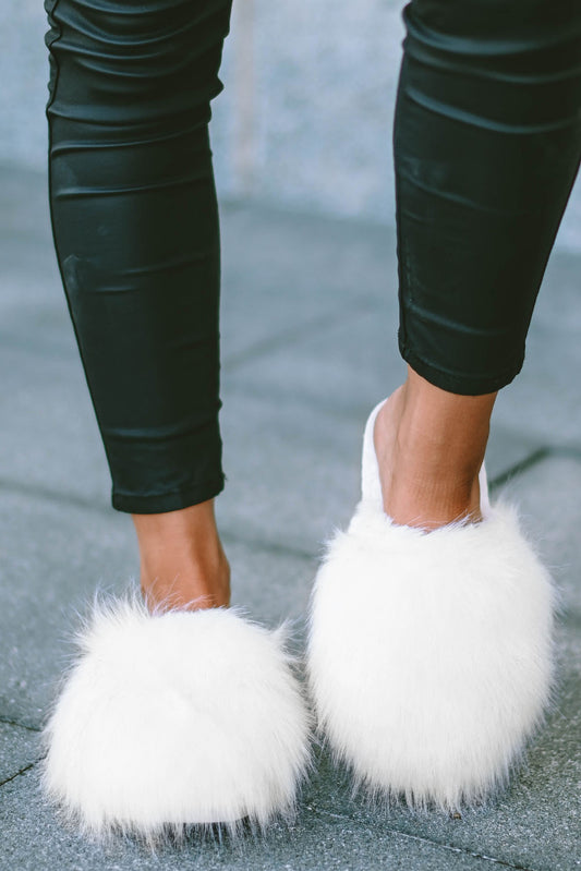 White Fuzzy Round Toe Home Slippers - LA Grand