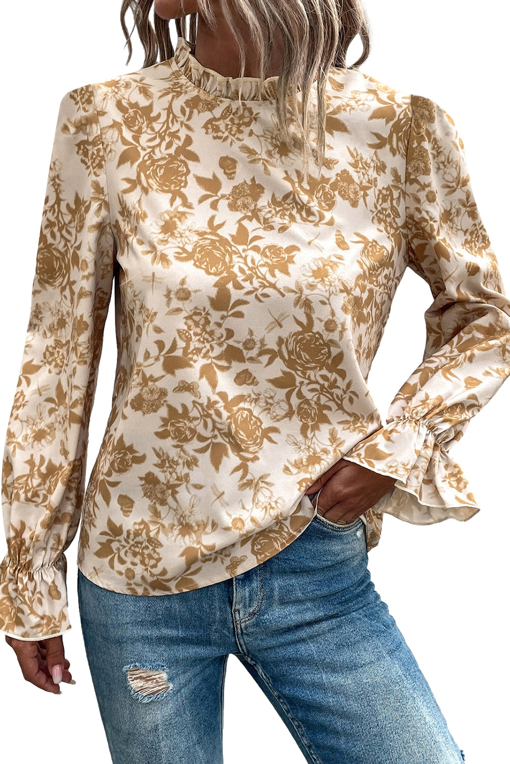 White Floral Print Frilled Neckline Flounce Sleeve Blouse - LA Grand