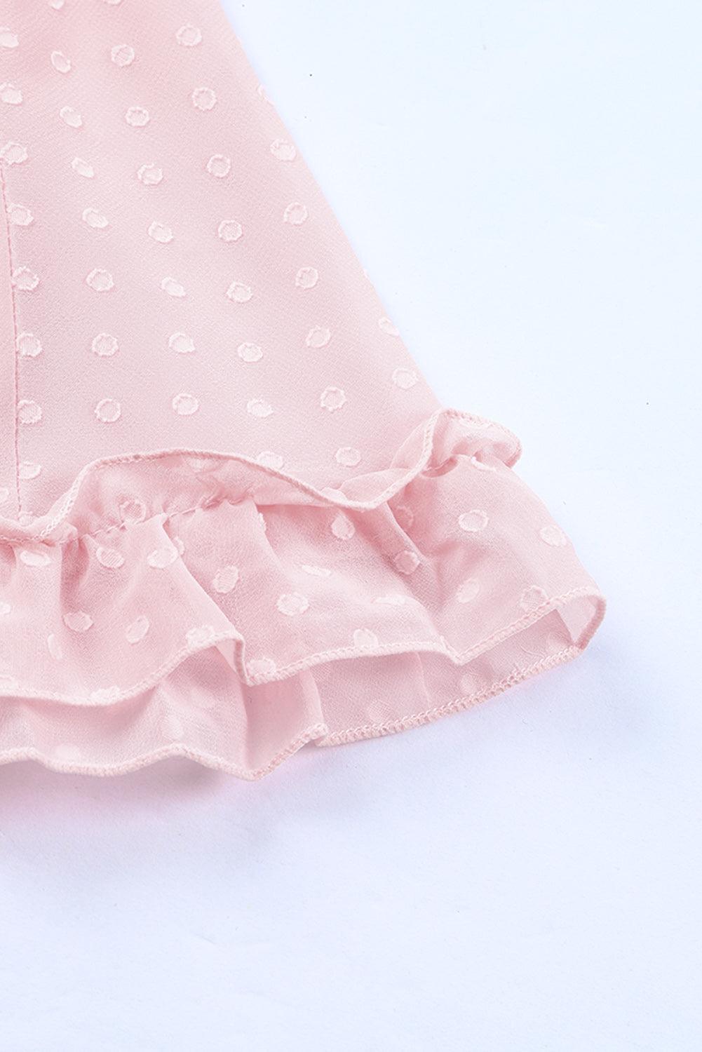 Pink Layered Ruffled Open Back Puff Sleeve Swiss Dot Mini Dress - LA Grand