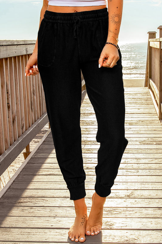 Black Elastic Waist Jogger Pants with Pockets - LA Grand