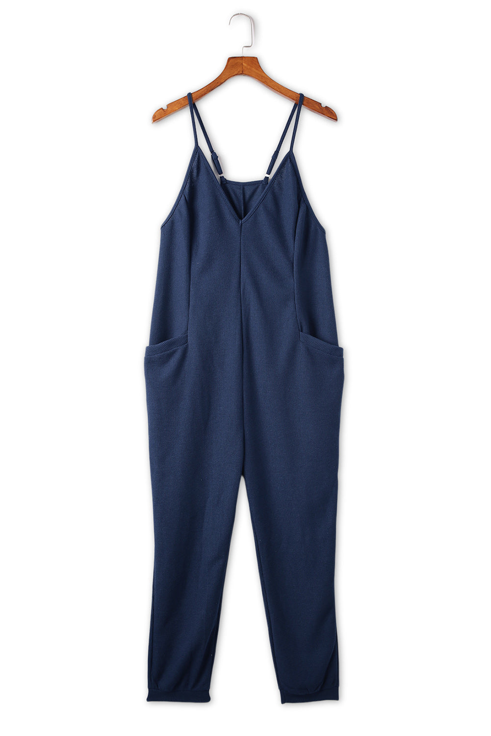 Blue Textured Sleeveless V-Neck Pocketed Casual Jumpsuit - LA Grand