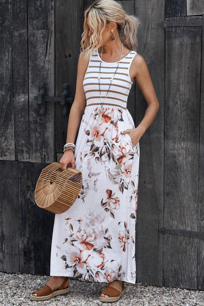 White Striped Floral Print Sleeveless Maxi Dress with Pocket - LA Grand