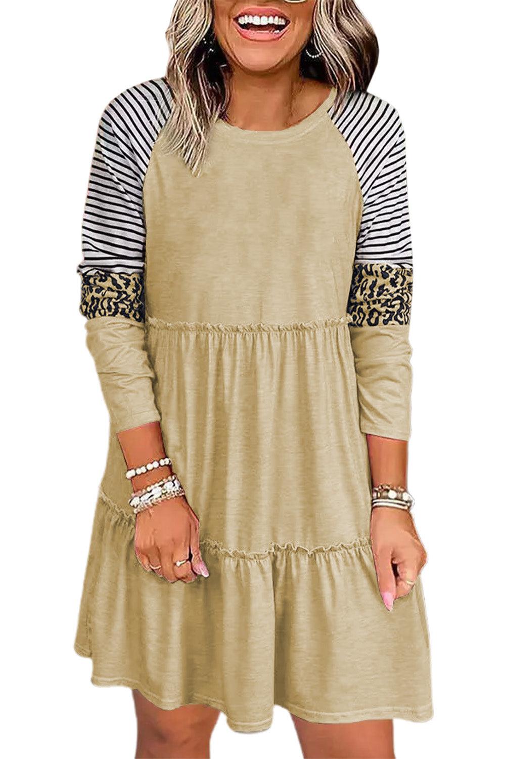 Wild Elegance: Khaki Striped Leopard Patchwork Mini Dress with Long Sleeves - LA Grand