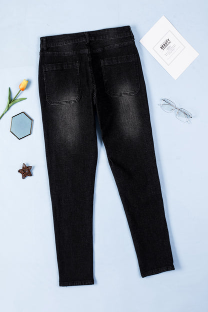 Dark Blue Button Fly Skinny Jeans with Pockets - LA Grand