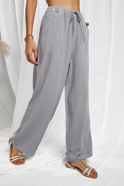 Gray High Waist Drawstring Wide Legs Casual Pants - LA Grand