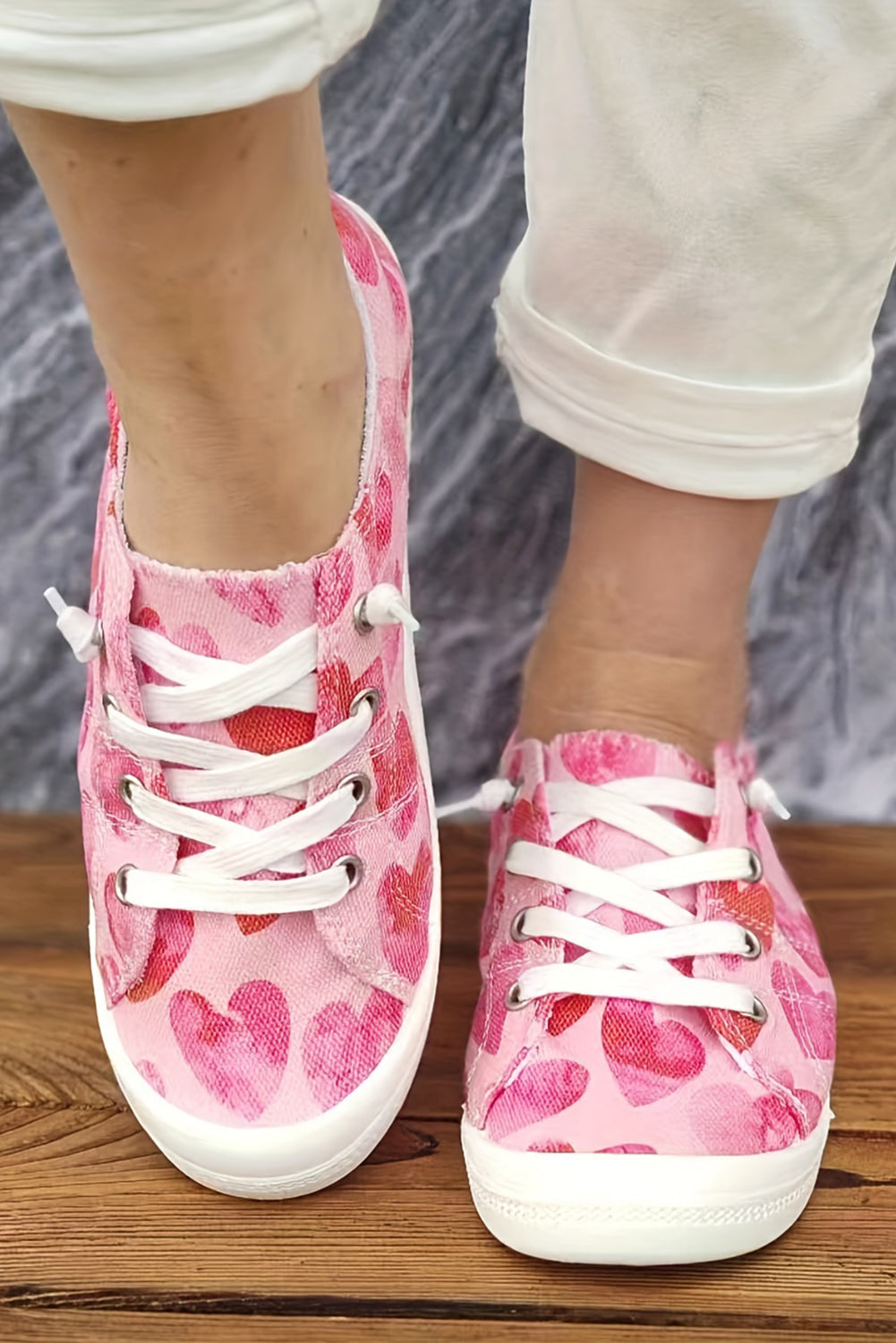 Strawberry Pink Heart Shaped Criss Cross Slip On Canvas Shoes - LA Grand