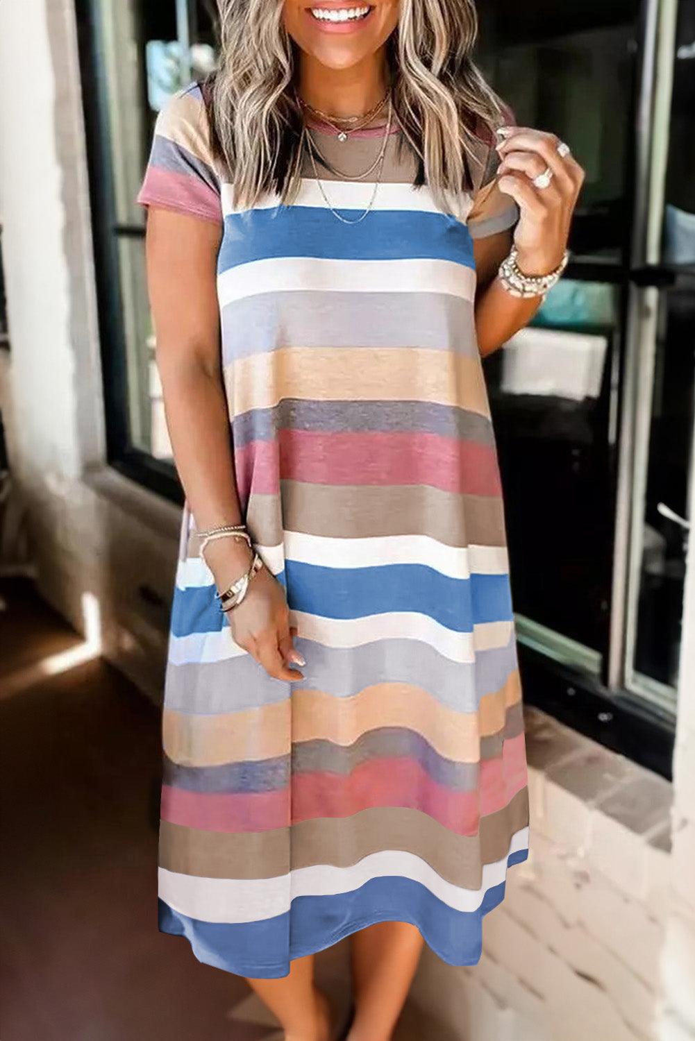 Multicolor Striped Pocket T Shirt Dress - LA Grand