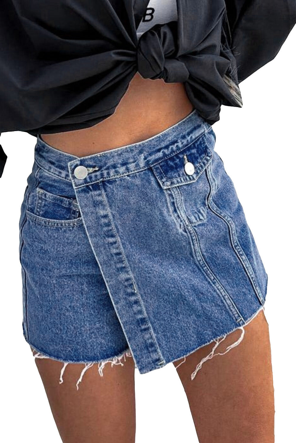 Sky Blue Button Wrap Over Raw Hem Denim Shorts - LA Grand