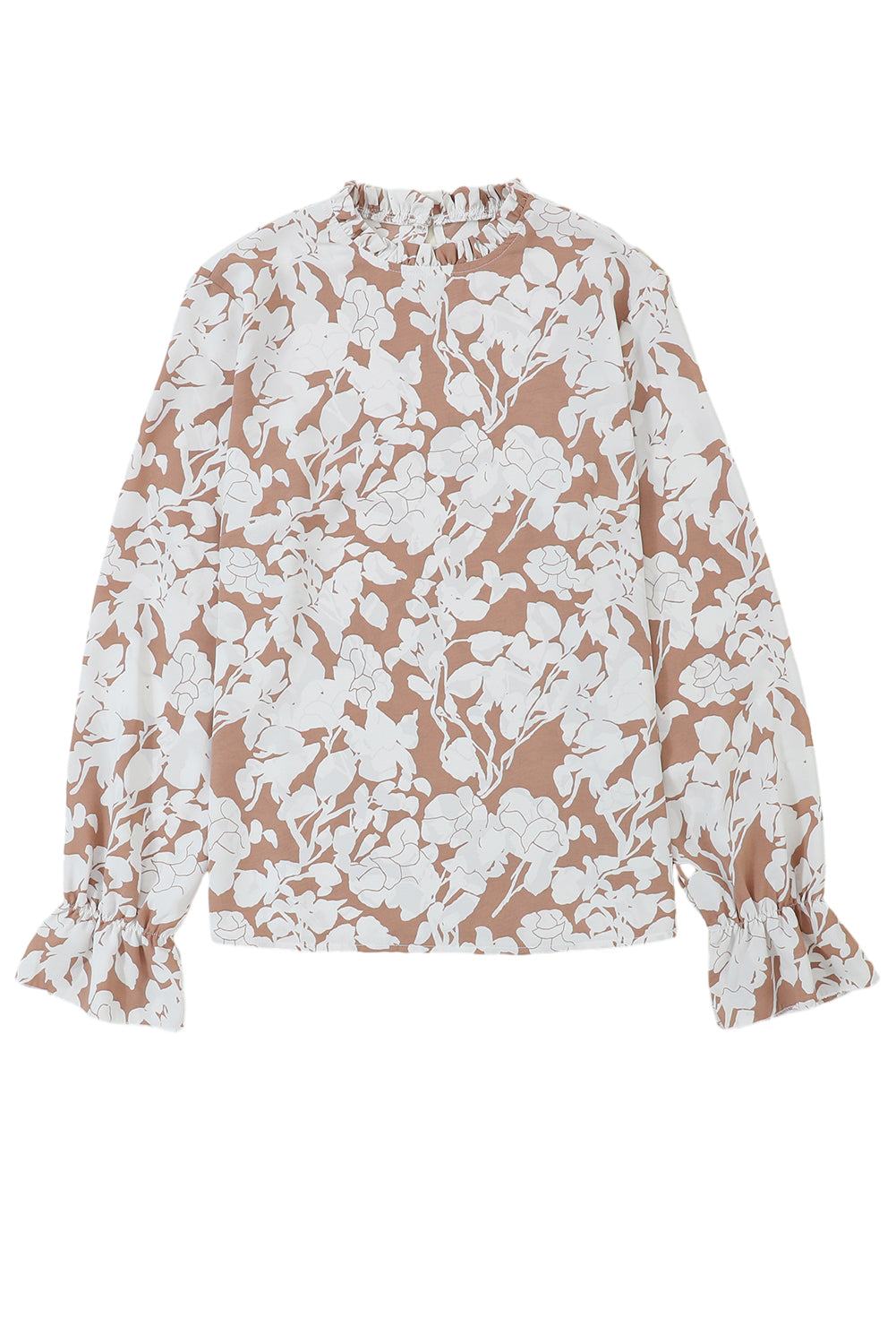 White Floral Print Frilled Neckline Flounce Sleeve Blouse - LA Grand