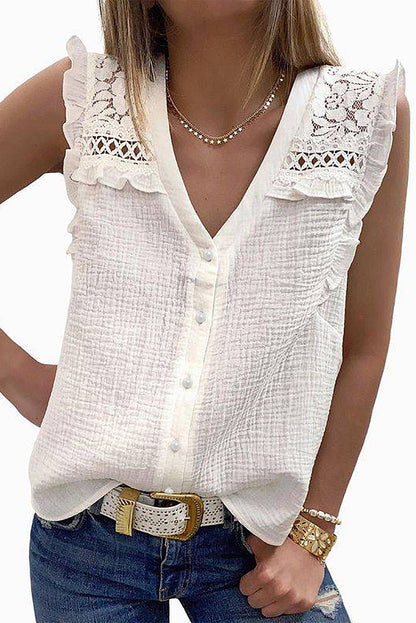 White Floral Lace Crochet Textured Sleeveless Shirt - LA Grand