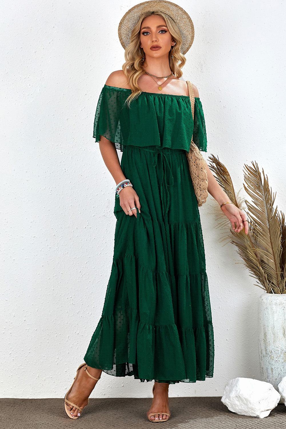 Verde Sunshine Off-Shoulder Swiss Dot Maxi Dress - LA Grand