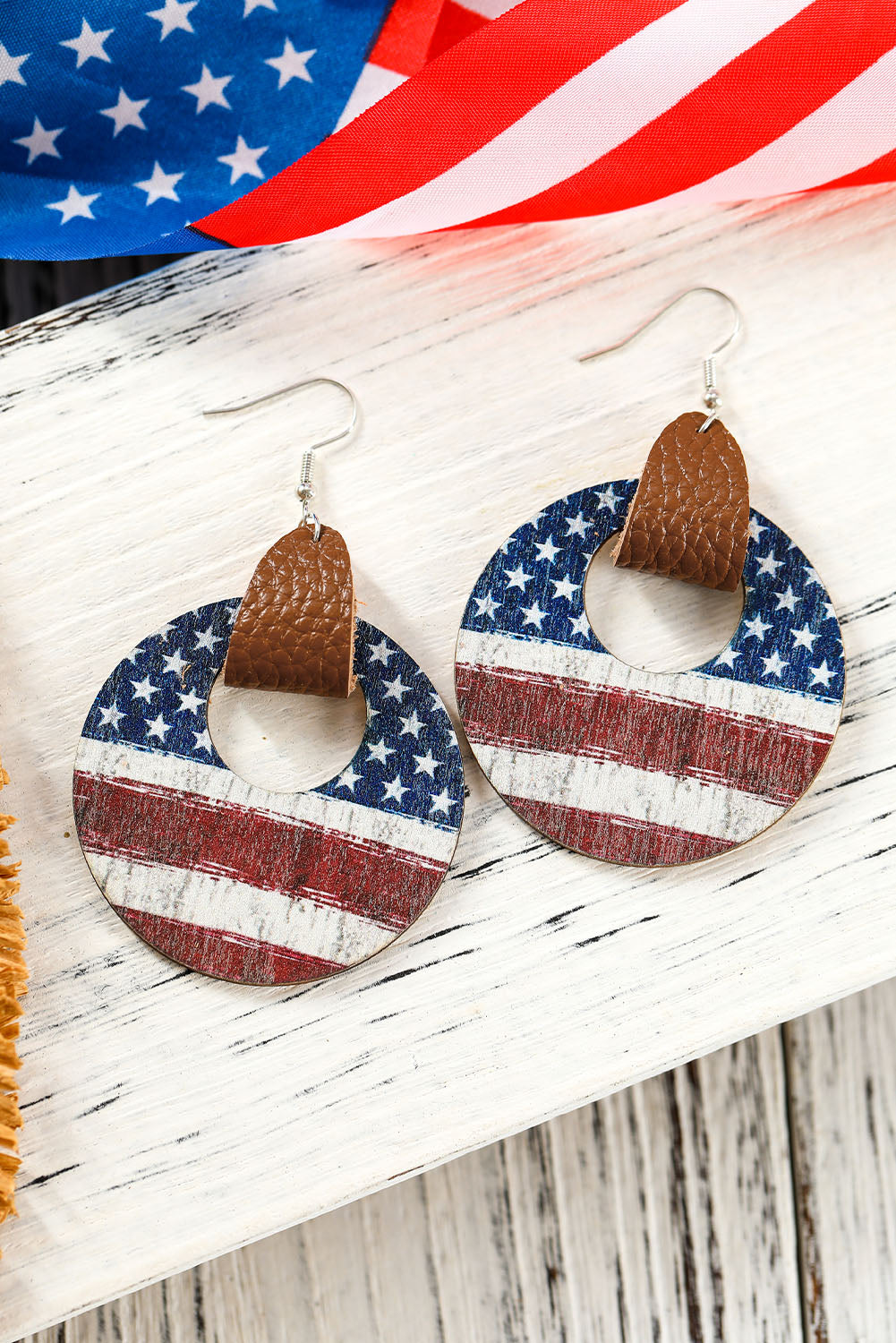 Multicolor American Flag Round Wood Pendant Earrings - LA Grand