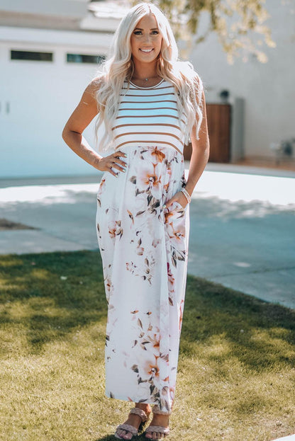 White Striped Floral Print Sleeveless Maxi Dress with Pocket - LA Grand