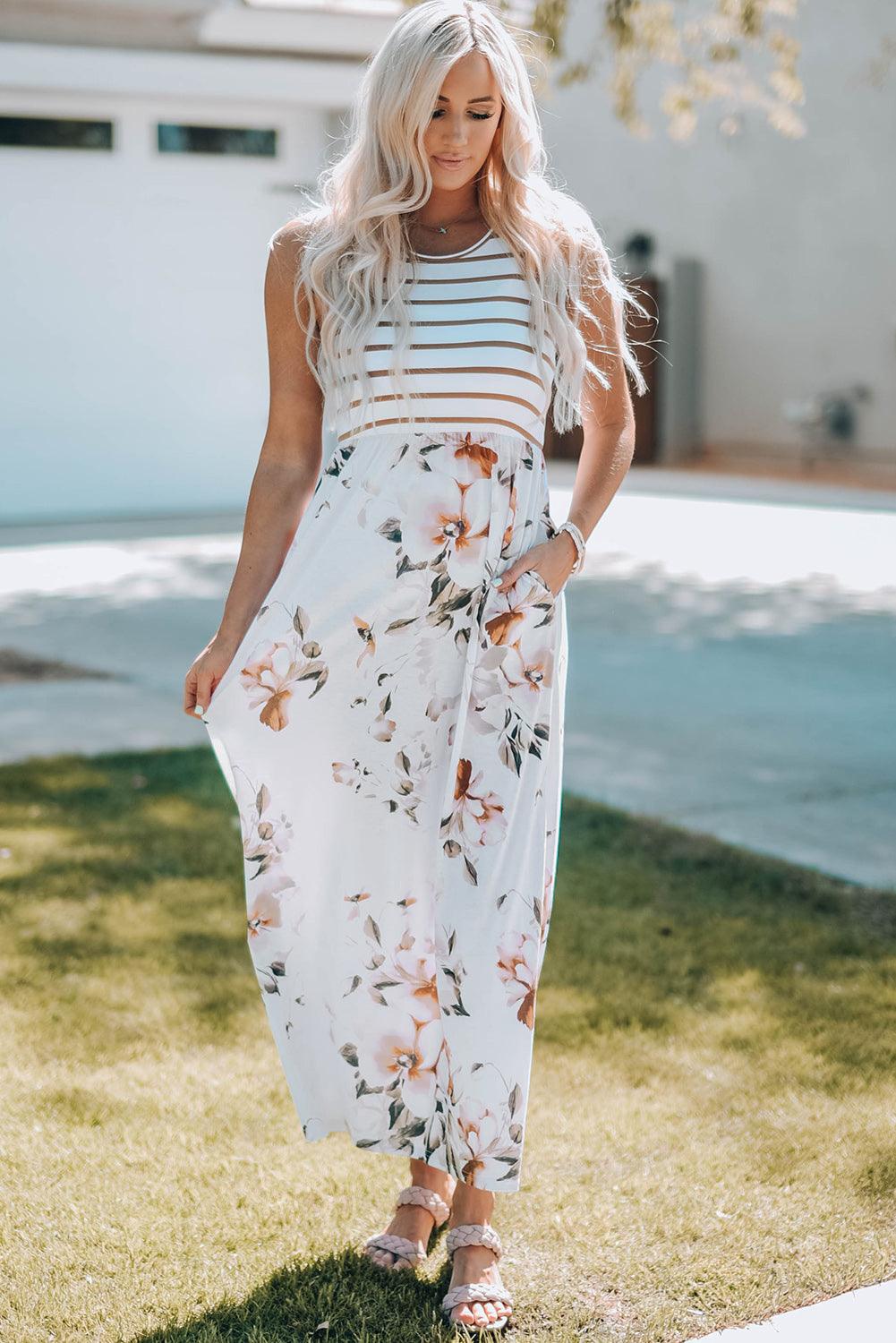 White Striped Floral Print Sleeveless Maxi Dress with Pocket - LA Grand