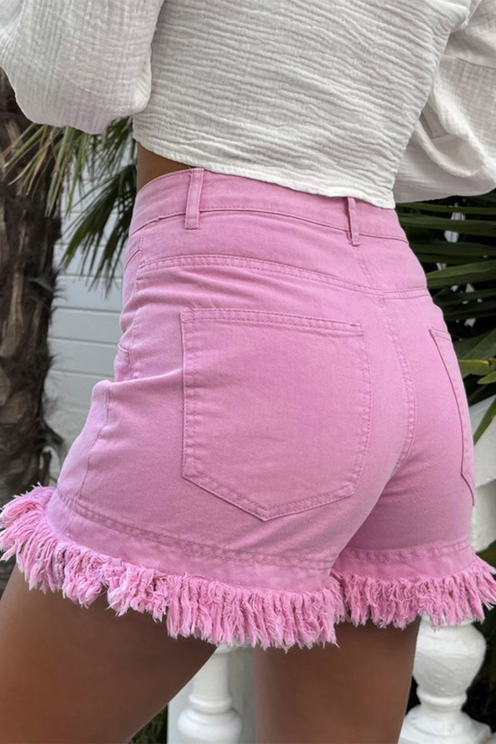 Pink Frayed Edge Mid Rise Denim Shorts - LA Grand